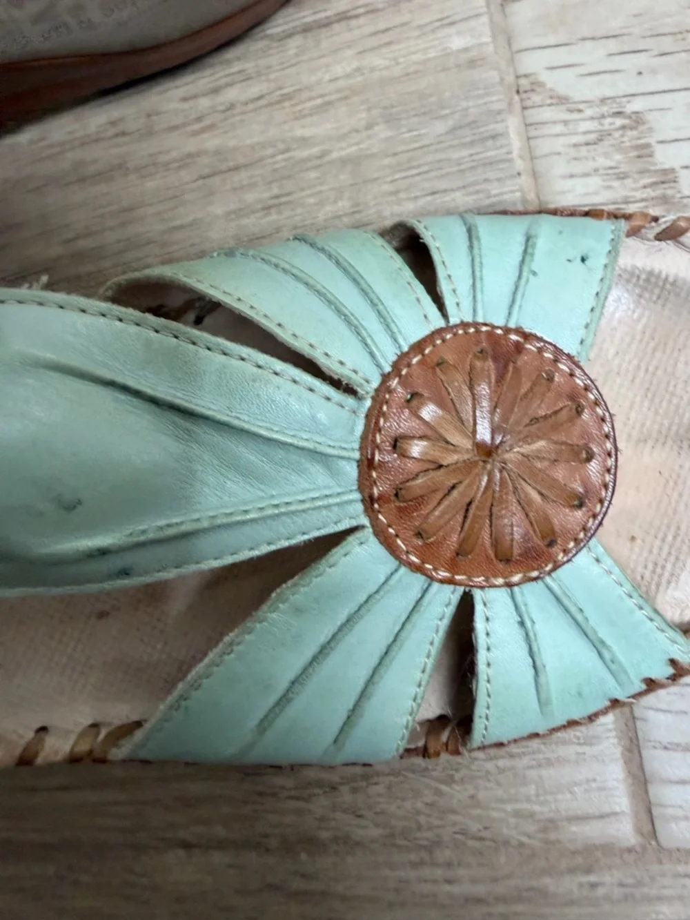 PIKOLINOS Mint and Tan Leather Wedge Sandals